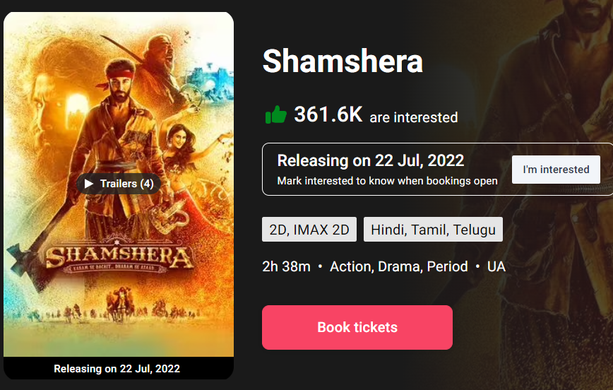 Shamshera Advance Booking